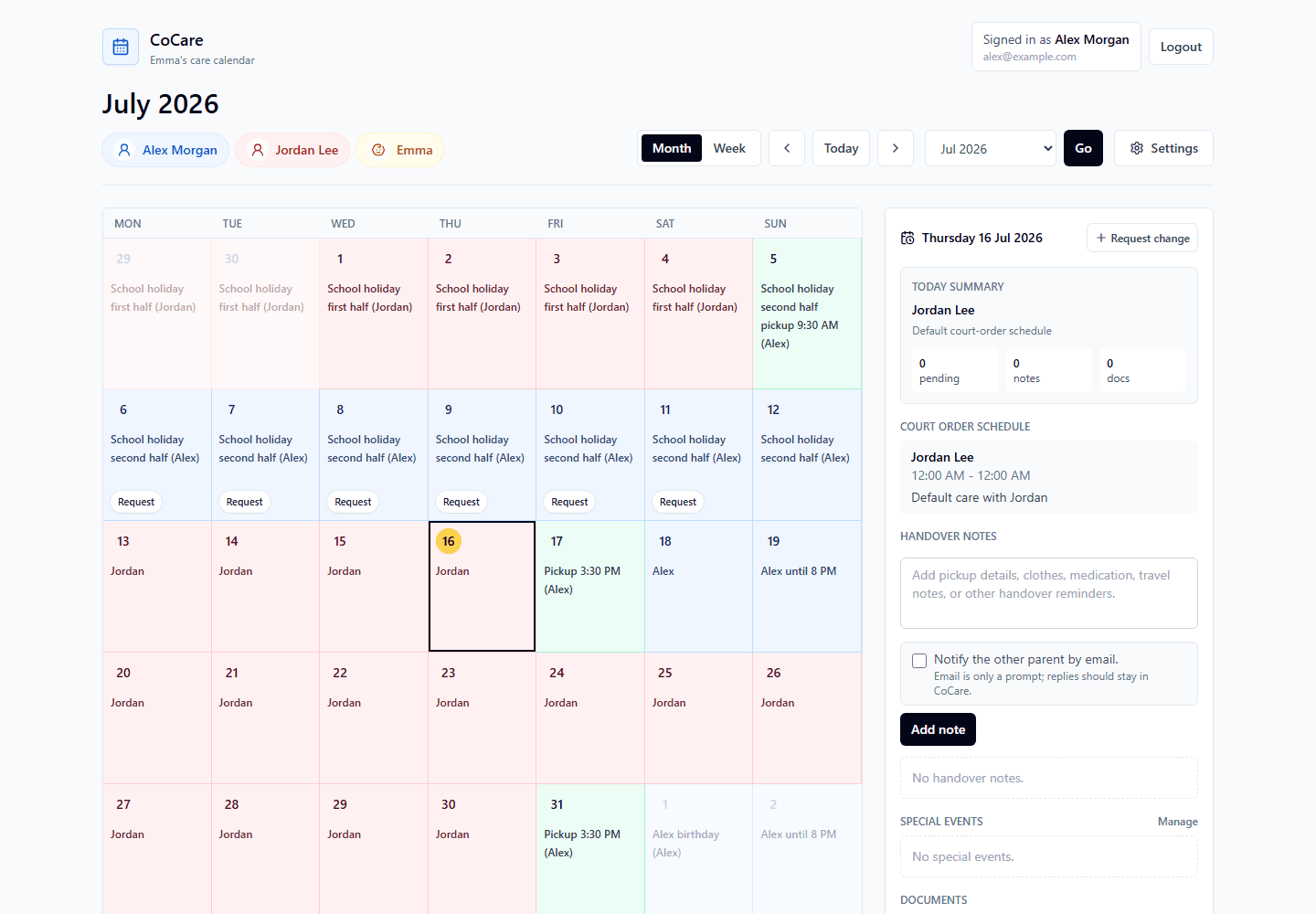 CoCare monthly care calendar using synthetic family data