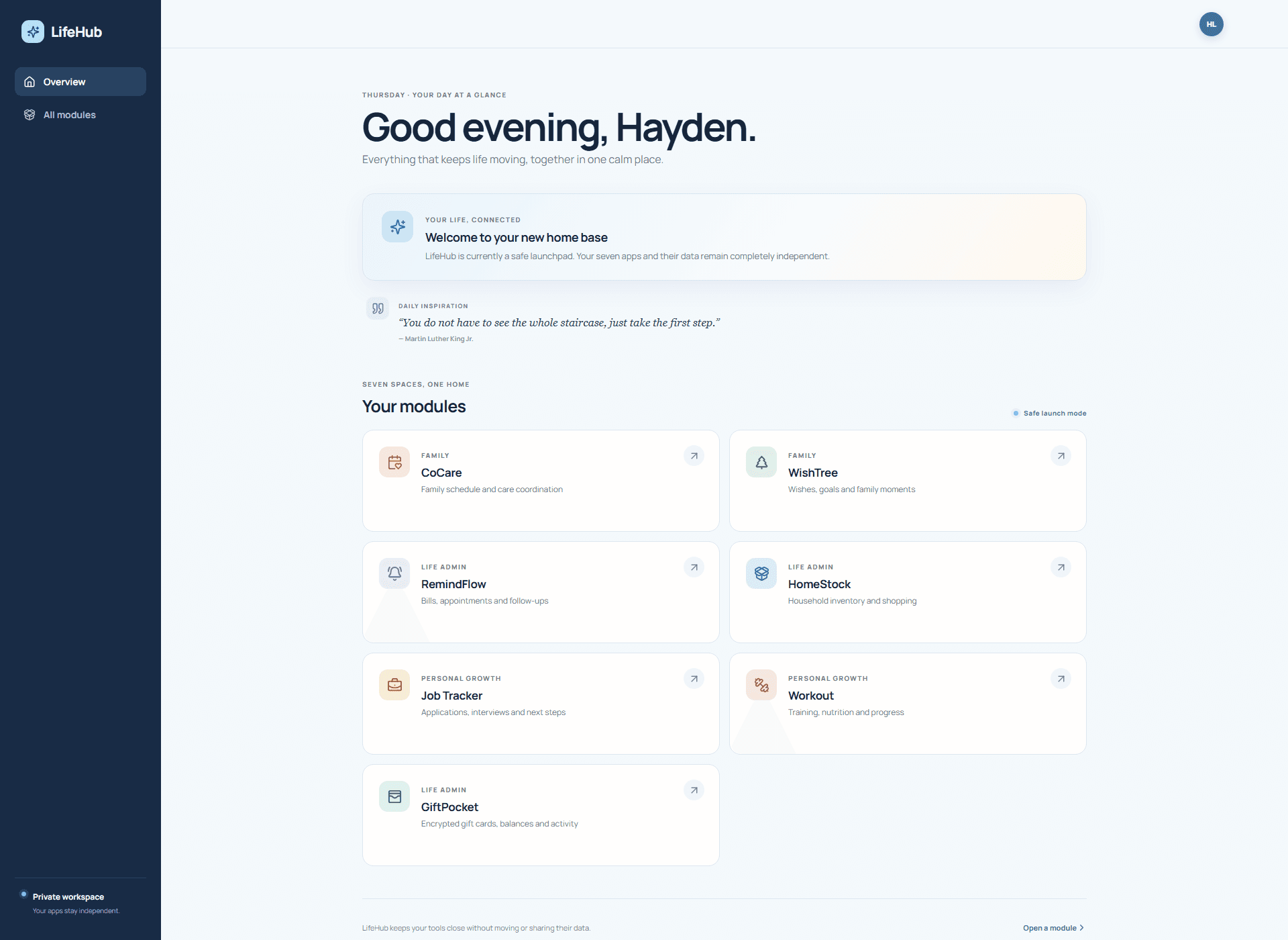 LifeHub dashboard