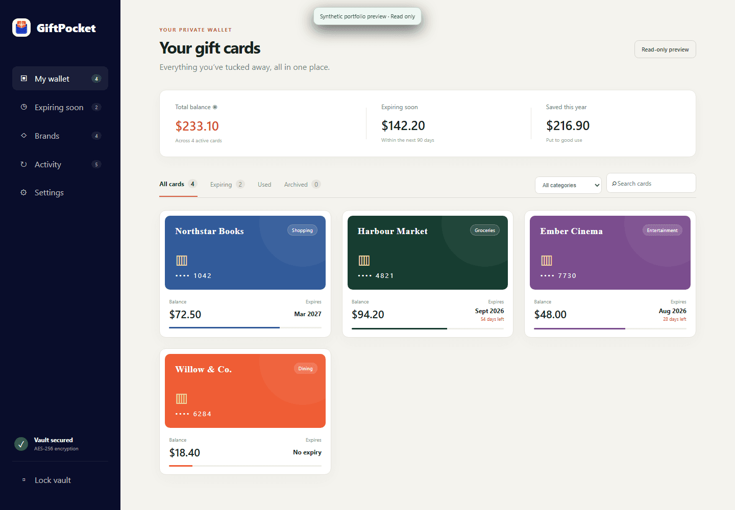 GiftPocket synthetic read-only wallet showing fictional gift cards and balances
