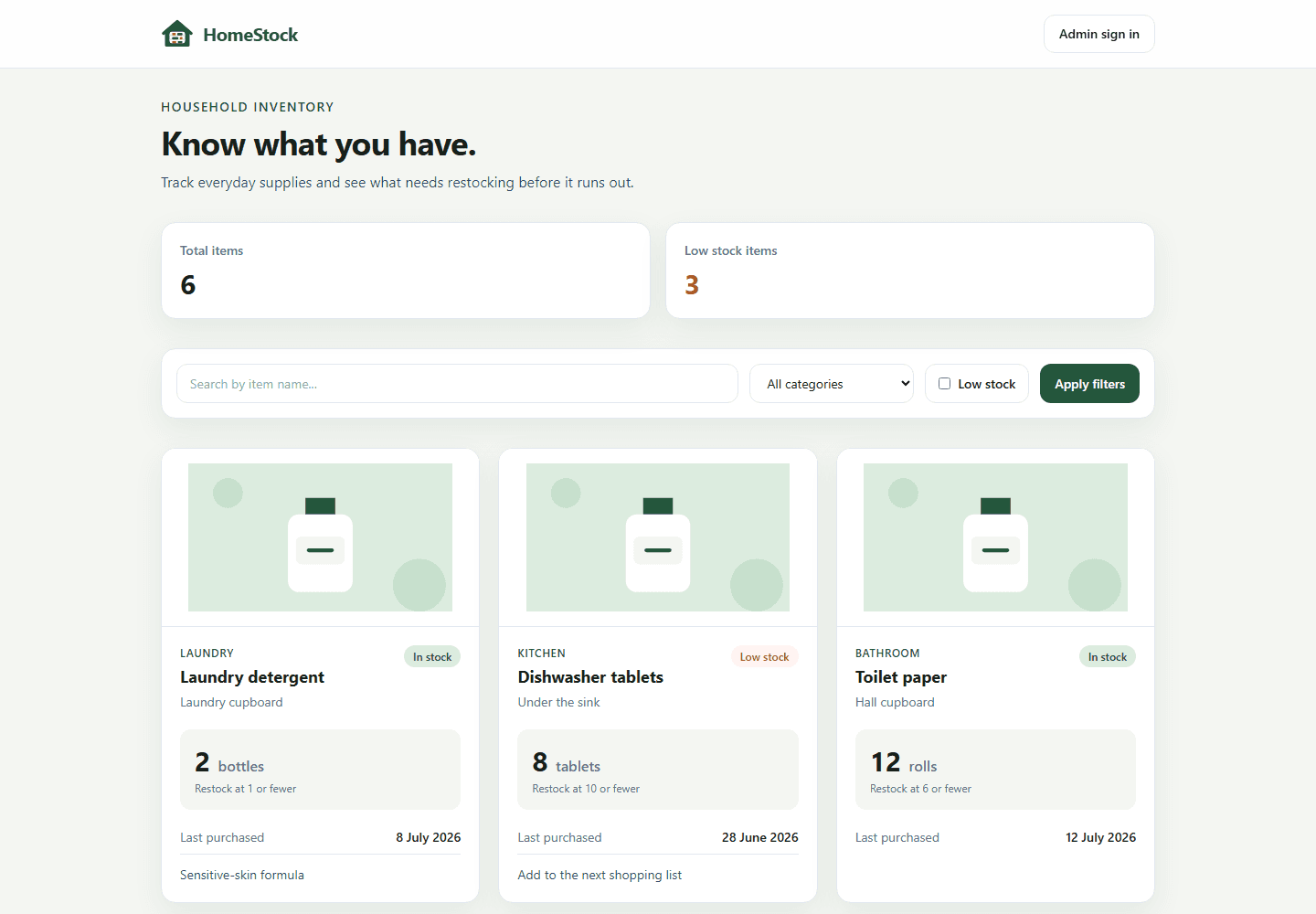 HomeStock inventory dashboard using synthetic household data