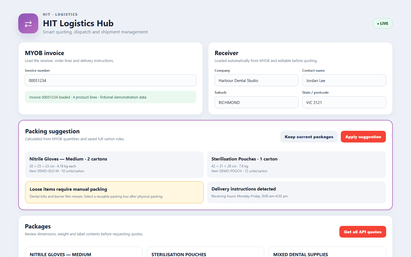 Synthetic shipment workspace showing a fictional MYOB invoice, receiver details and packing suggestions
