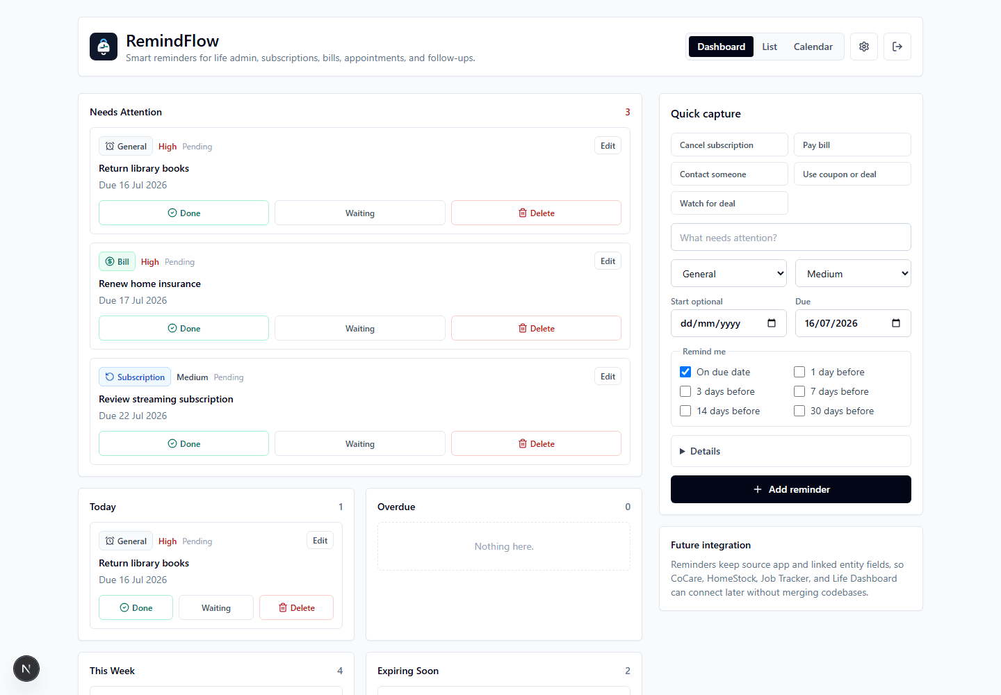 RemindFlow dashboard populated with synthetic reminders and no personal records