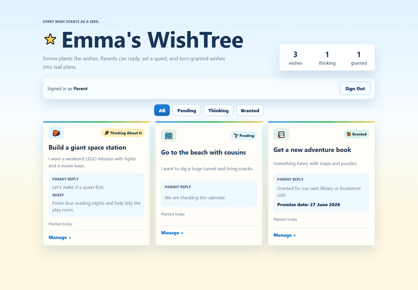 WishTree family wish board using synthetic child-friendly data