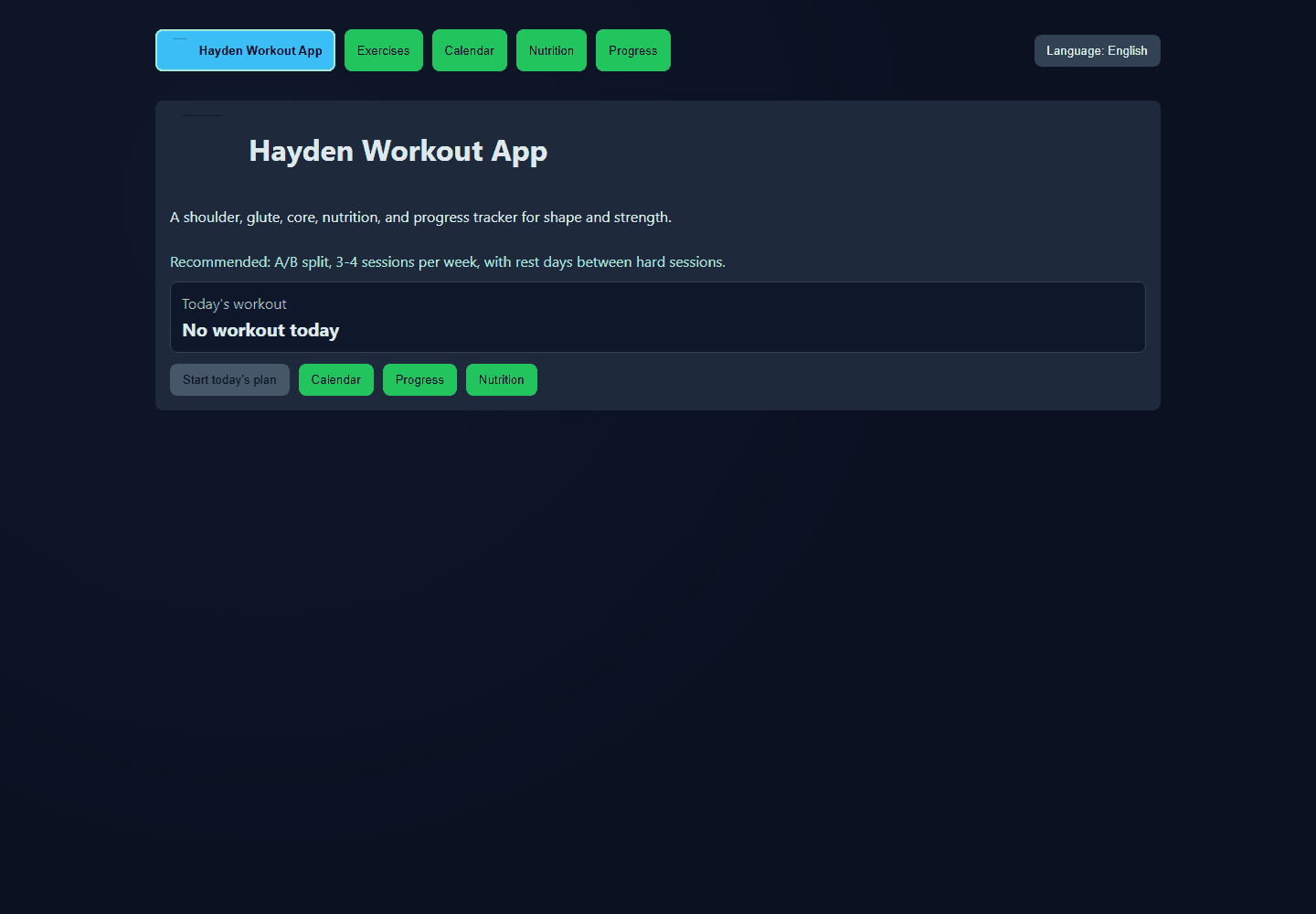 Workout home dashboard in a fresh browser profile with no personal records